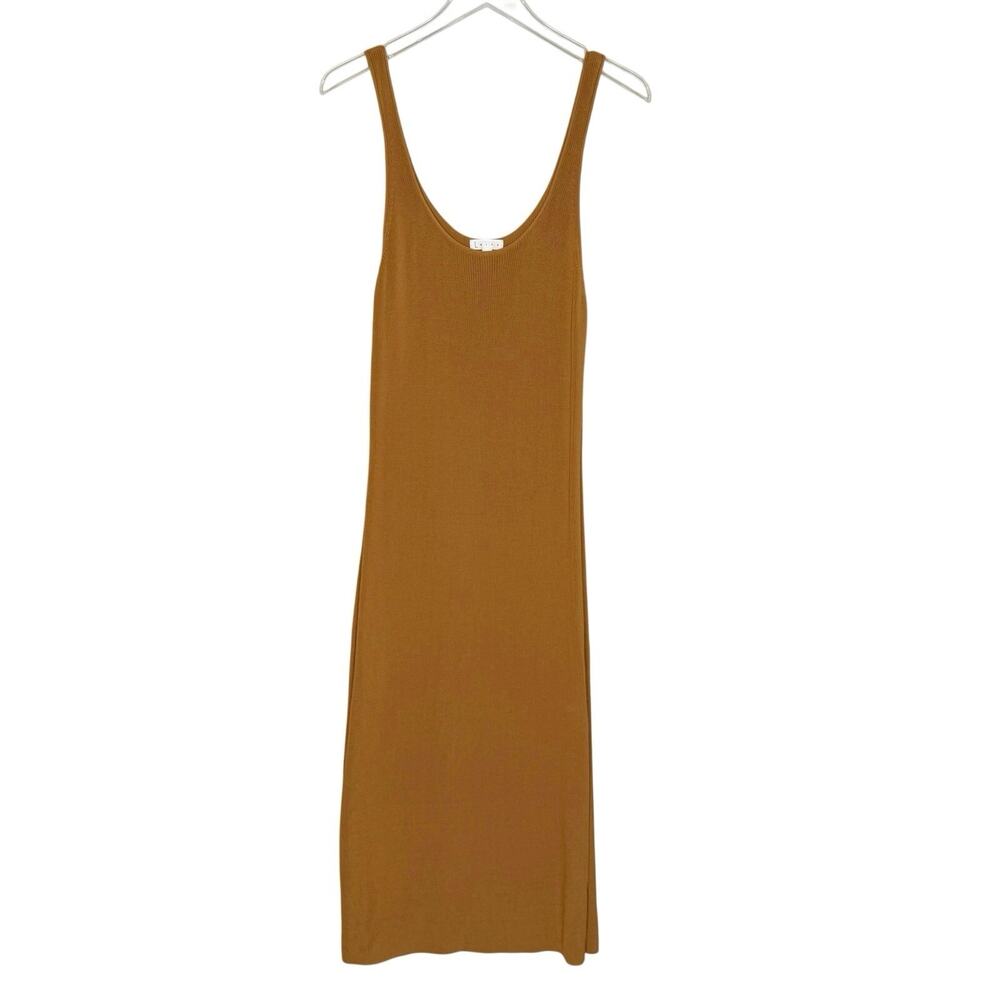 Leith Scoop Neck Midi Dress L Ribbed Knit Tan Brown Sleeveless Bodycon